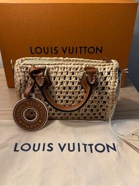Louis Vuitton Nano Speedy Beige Raffia Woven Mini Bag with Brown Leather Trim